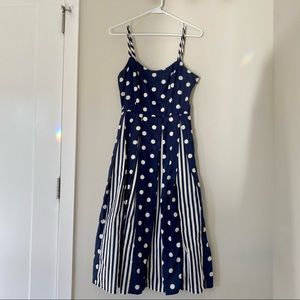 ModCloth Navy blue and white dress with polka dots and stripes